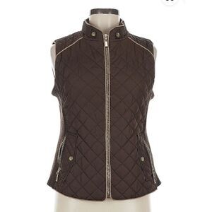 Equestrian Chocolate Brown Vest Plus Size 1XL Gold Accents Quilted Old Money